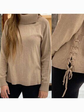 BANANA REPUBLIC Factory Cowl Neck Knit Sweater Camel Tan Brown Lace Up Tie Sides